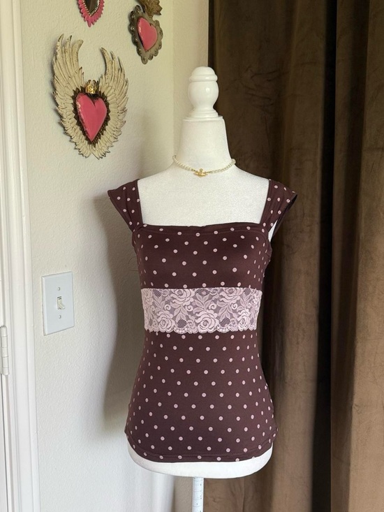 No Label Tops - Polka Dot Lace Waist Cami Top in Brown and Light Pink